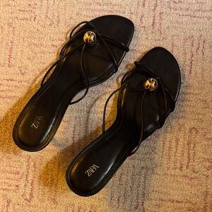 Zara Black Strappy Slide Sandals with Gold Orb Detail